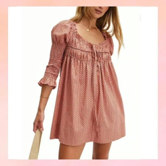 Free People Babydoll Mini Dress XS | Puff Sleeve Peasant Print - Picture 1 of 8